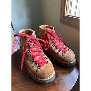 Vtg Kinney Made in Italy Leather Hiking Boots Vibram Sole Brown Red Laces W7